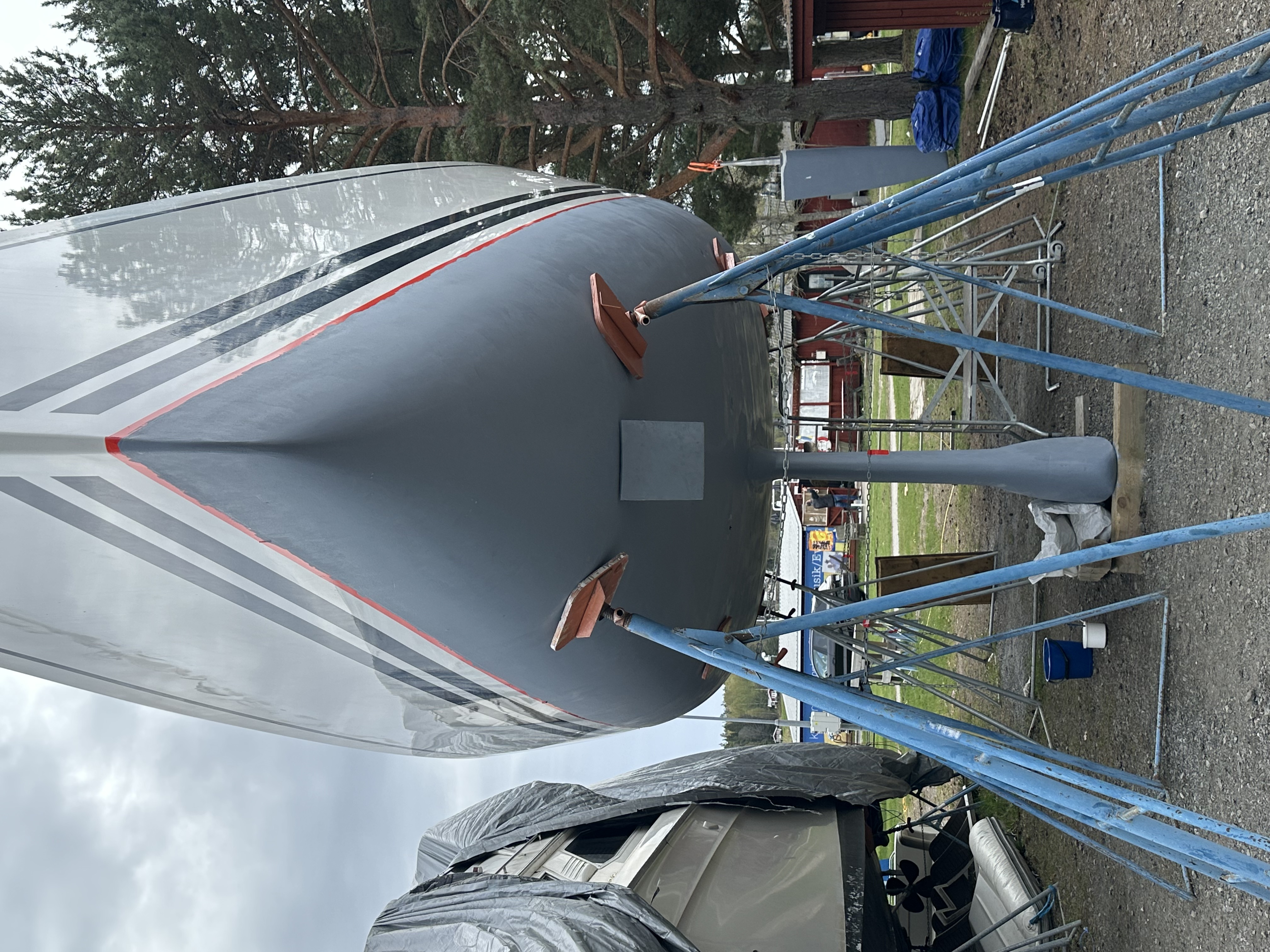 Fresh antifouling on the bow — clean slate