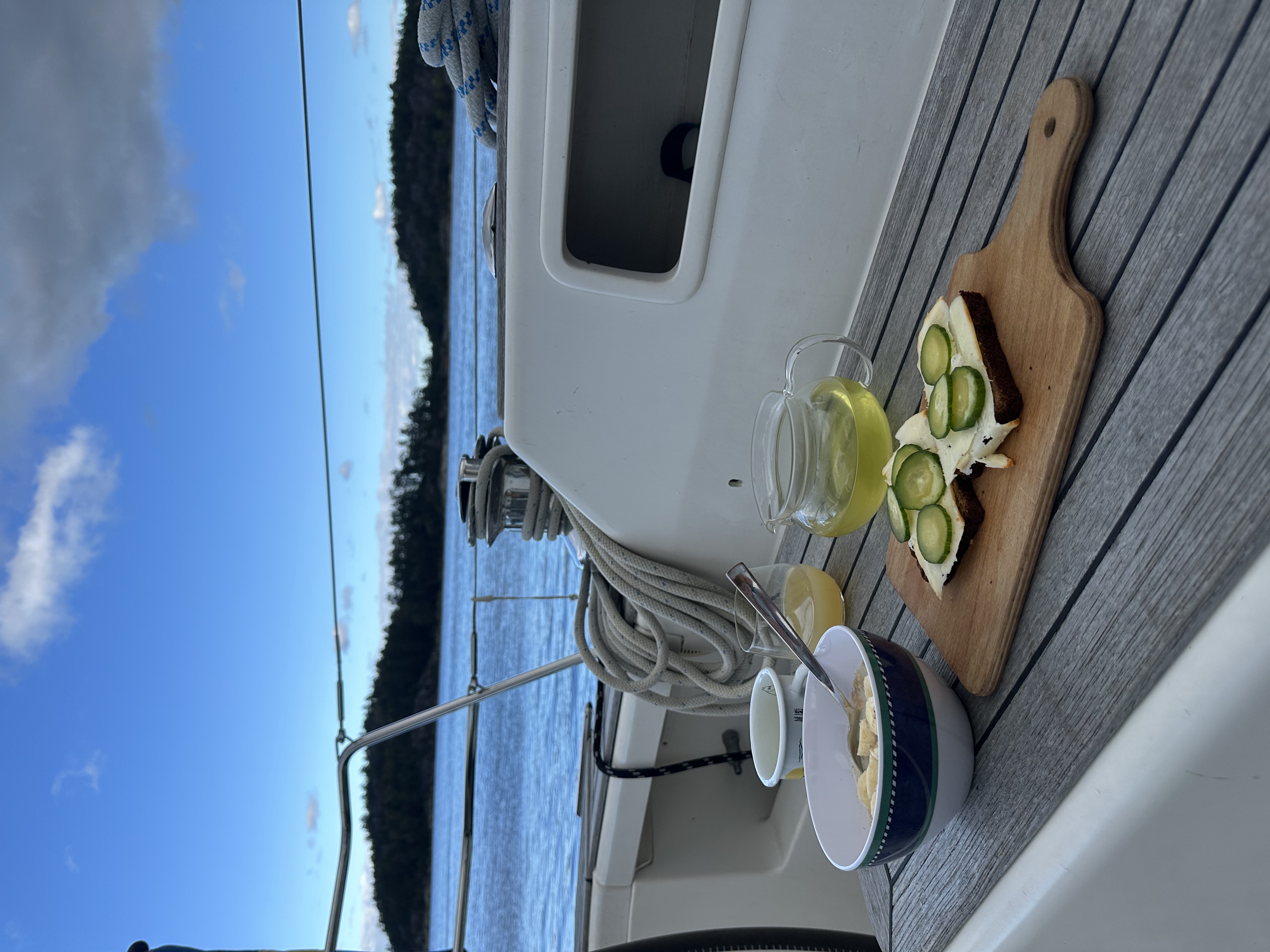 Morning breakfast in the cockpit — sandwiches, porridge, and tea