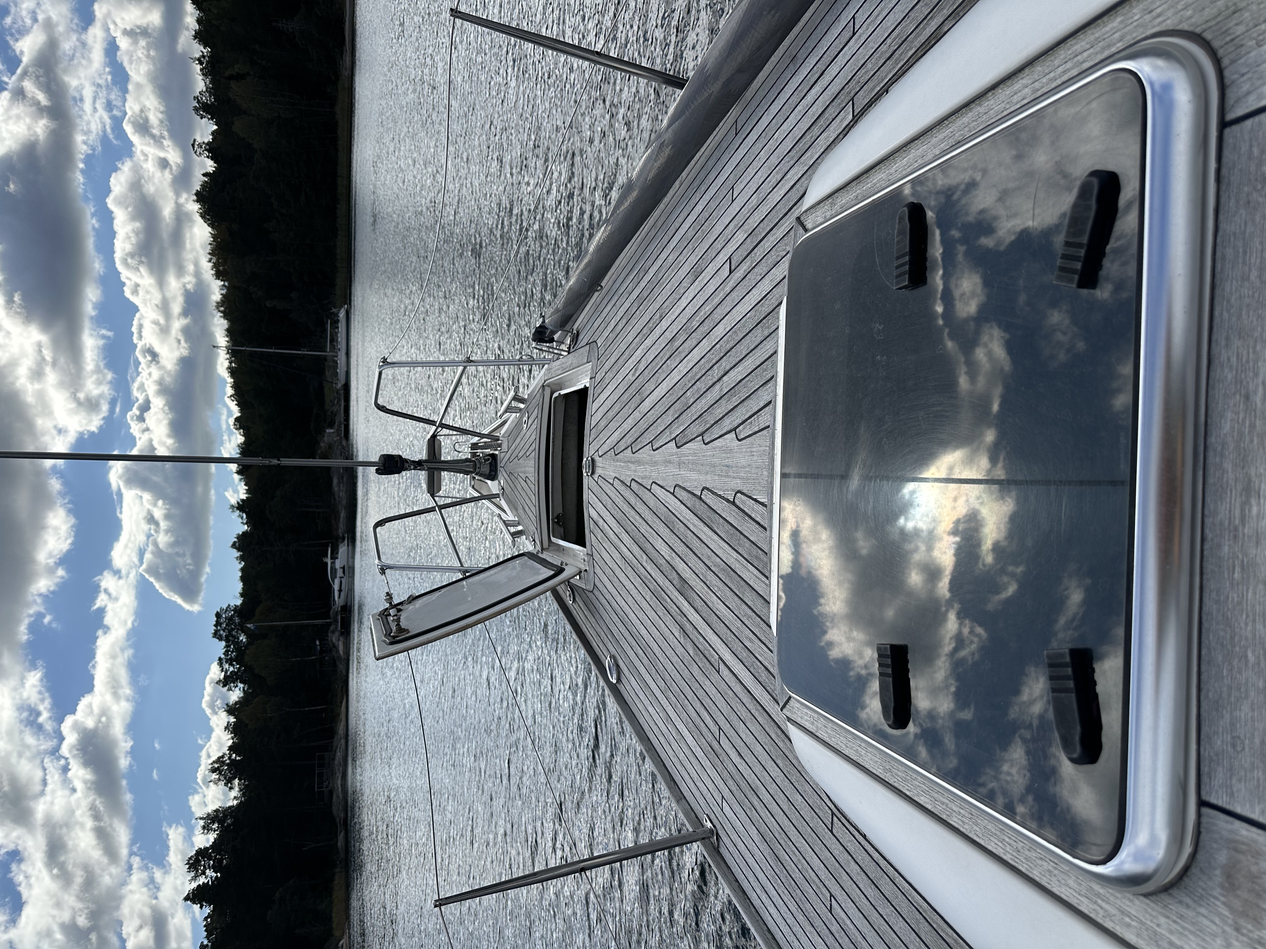 Looking forward along the teak deck on a quiet morning